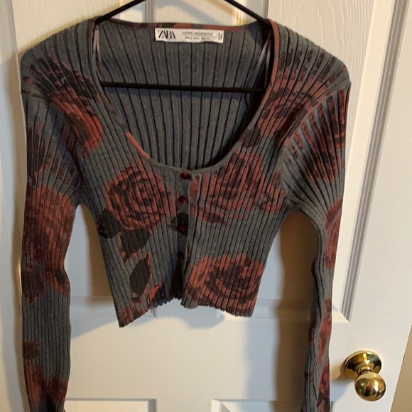 NWOT Zara Limited Ed. grey cropped cardigan w/ red floral print & velvet buttons - Picture 3 of 7